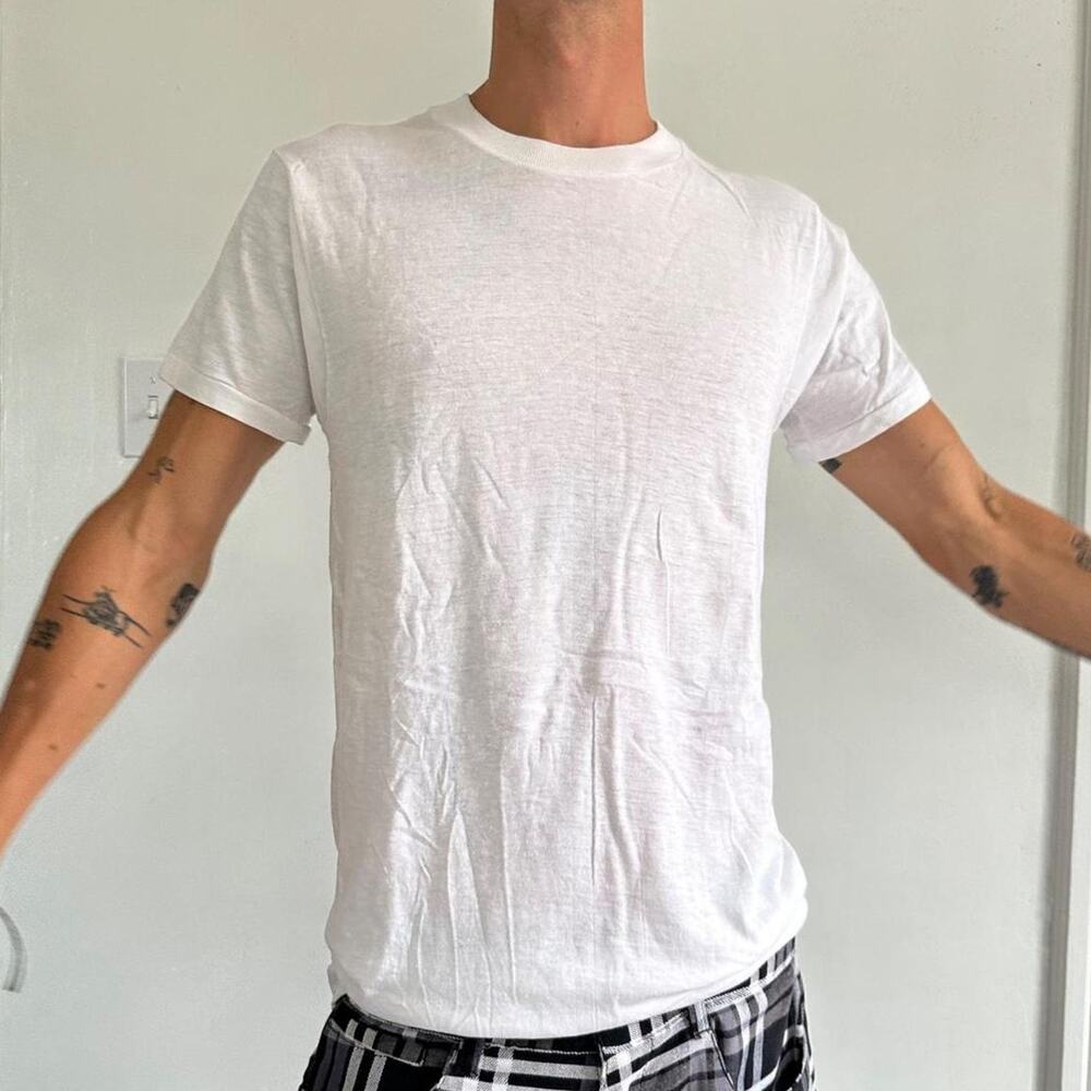 Vintage 70s 80s Thin Fitted Blank White Cotton Tee Shirt